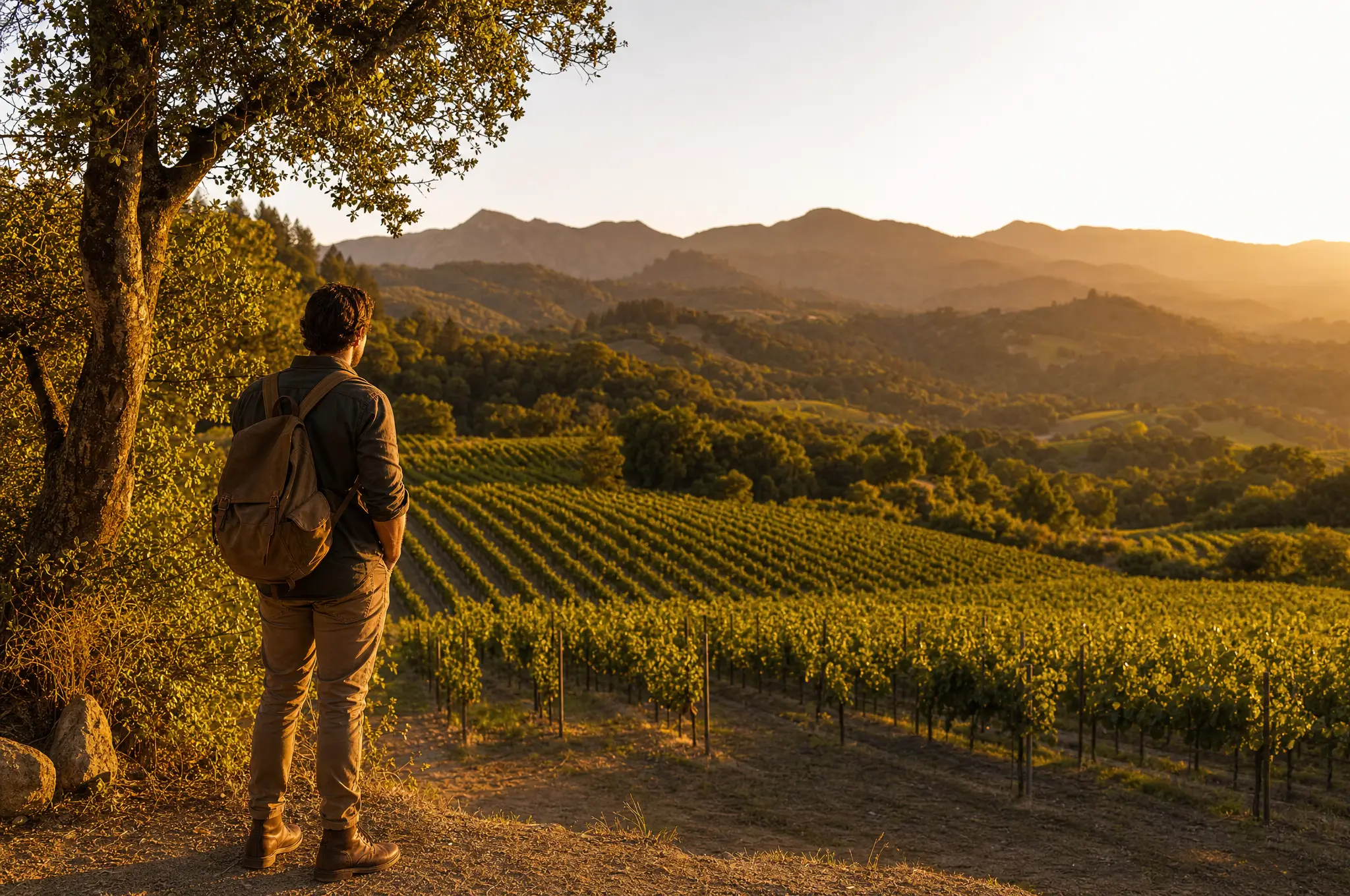 A traveler looking out over sunlit vineyard rows, choosing a region
