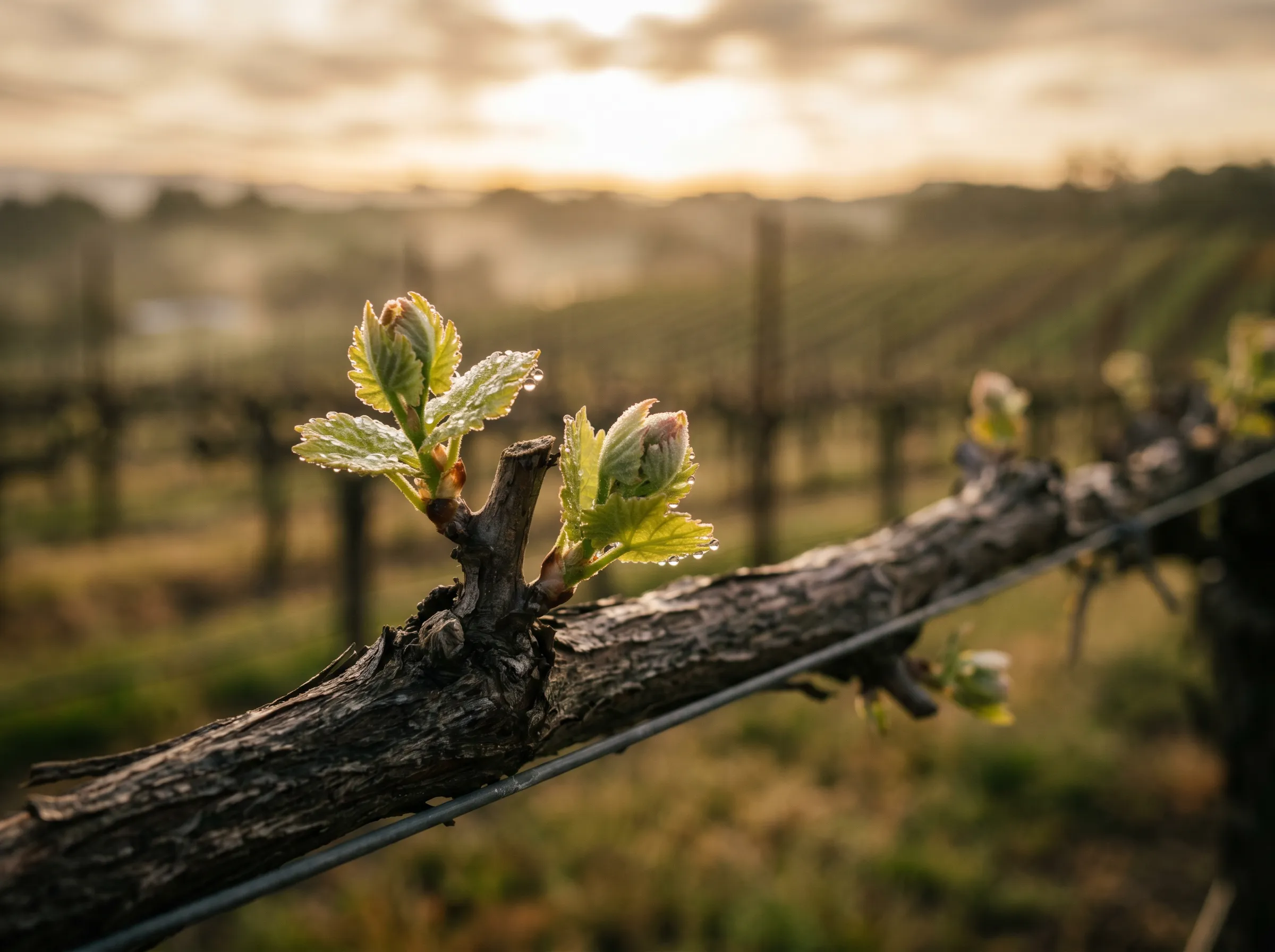 A green shoot breaking from a dormant vine cane