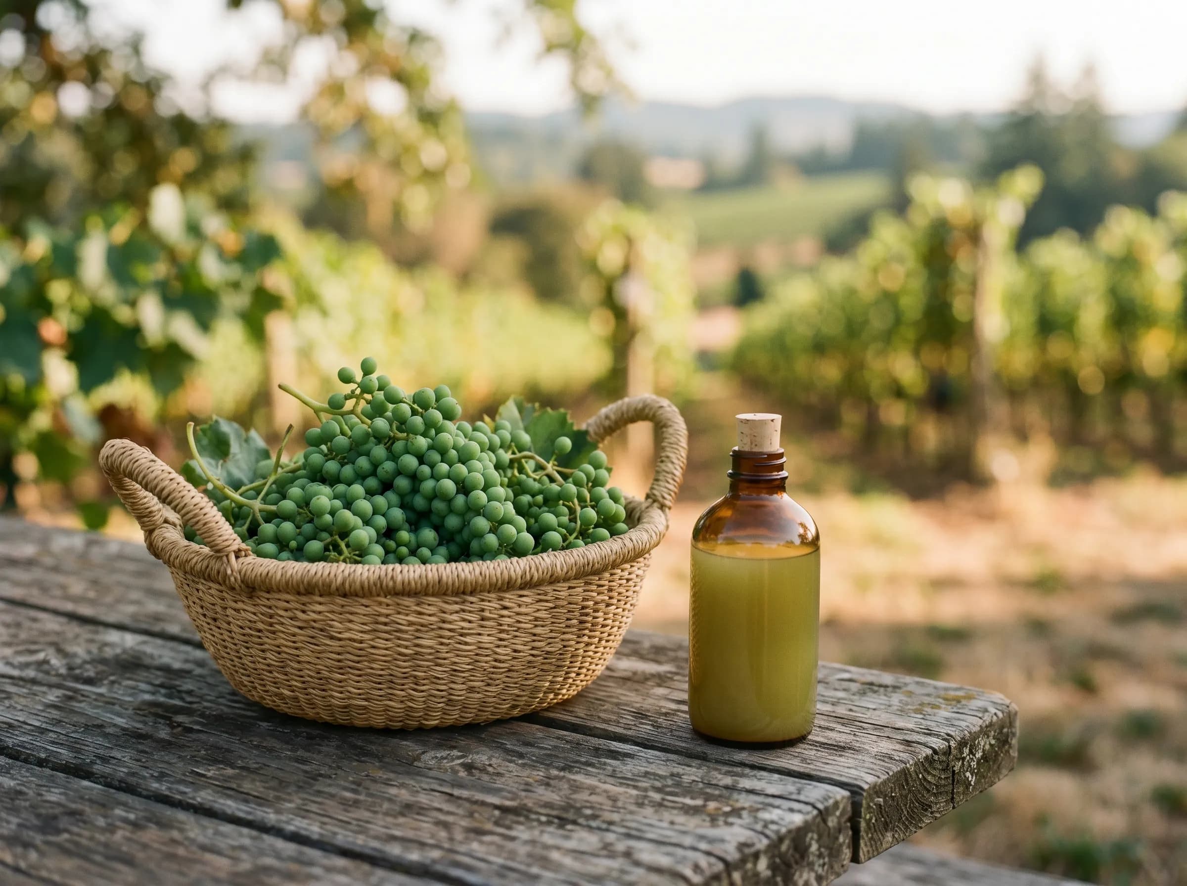 A basket of green grapes beside a bottle of verijuice