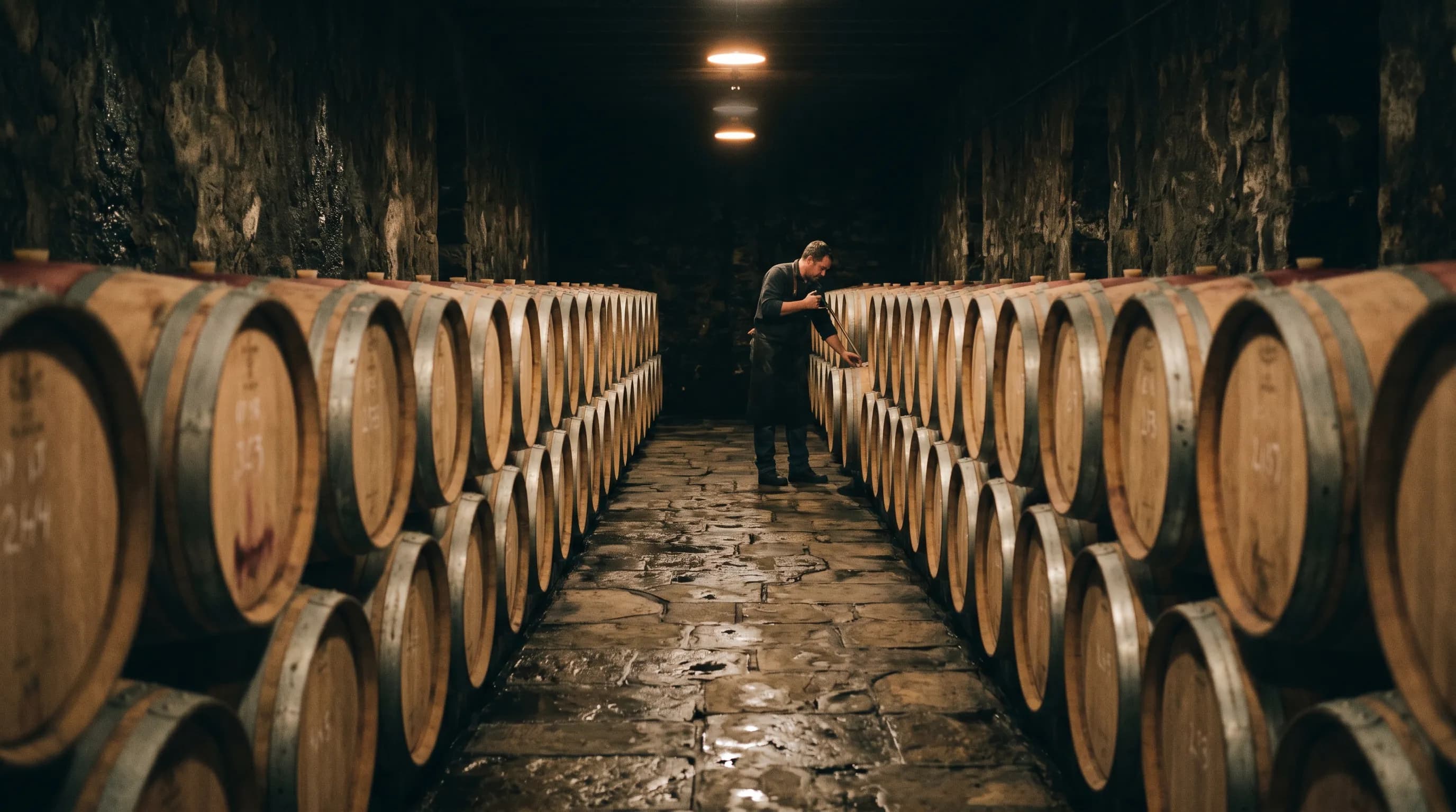 Rows of oak barrels in a candlelit cellar