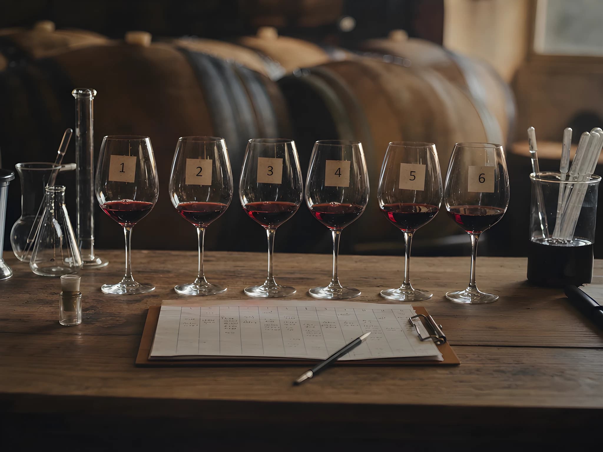 Glasses of red wine lined up for a blending trial