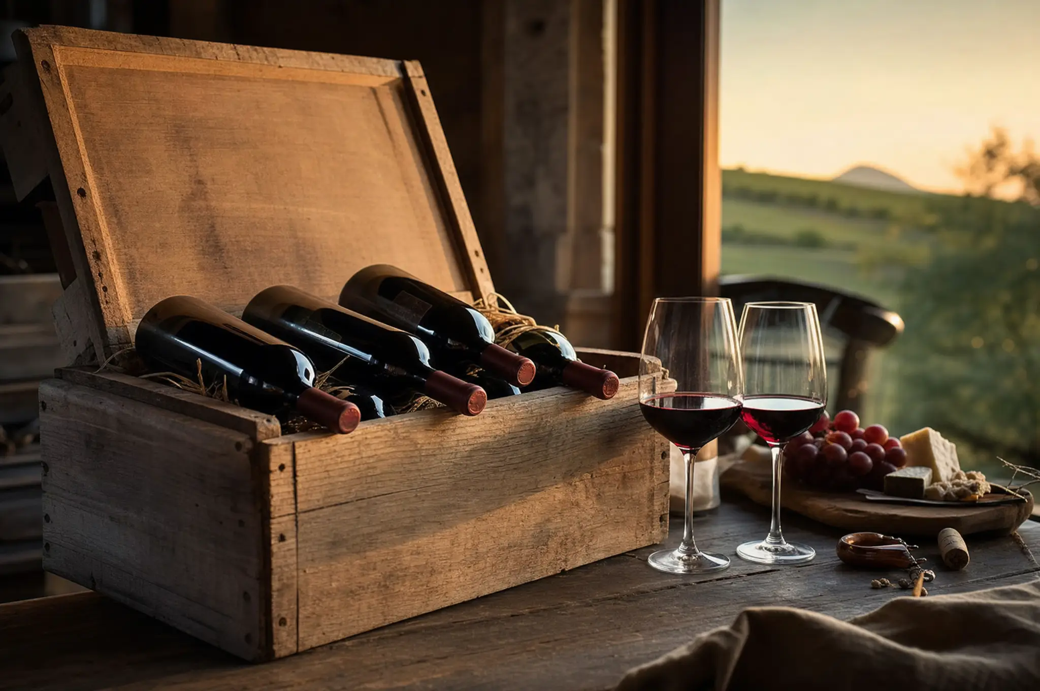 An open crate of finished wine bottles with two poured glasses