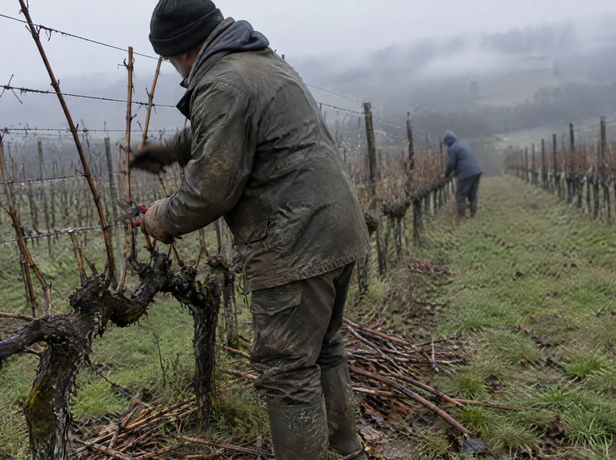 A winemaker pruning dormant vines in winter
