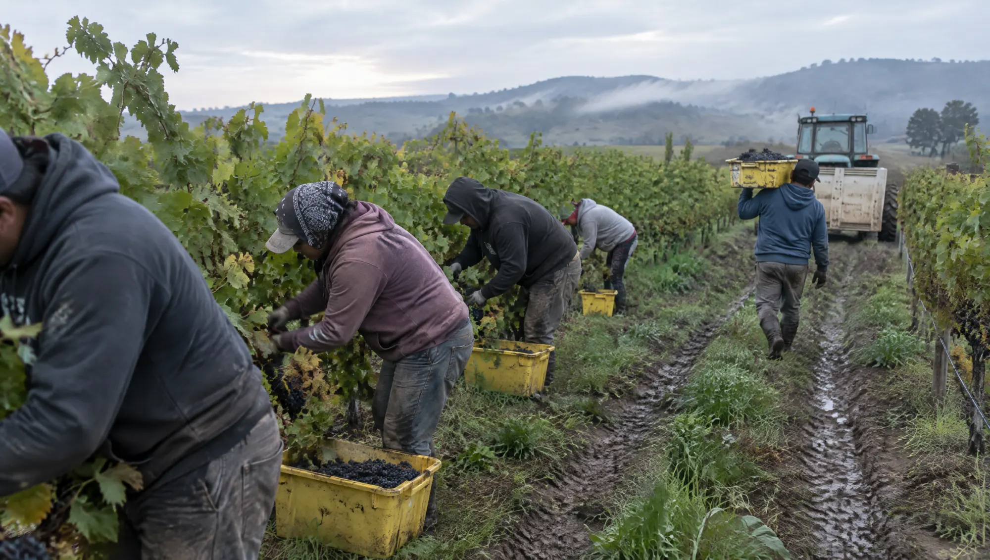 Pickers filling yellow lugs down a row at first light