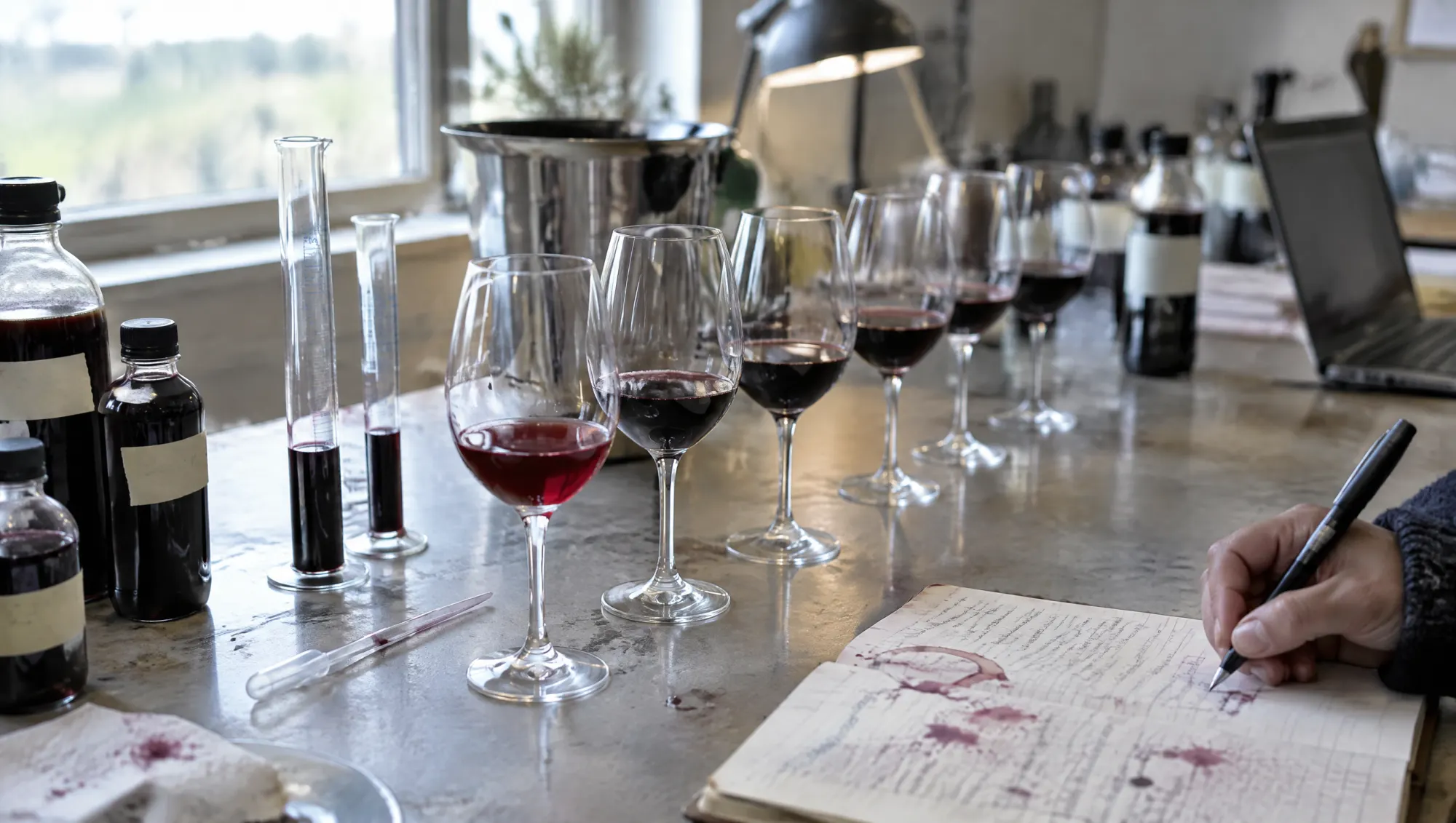 Glasses of trial blends lined up on the cellar bench, notes beside them