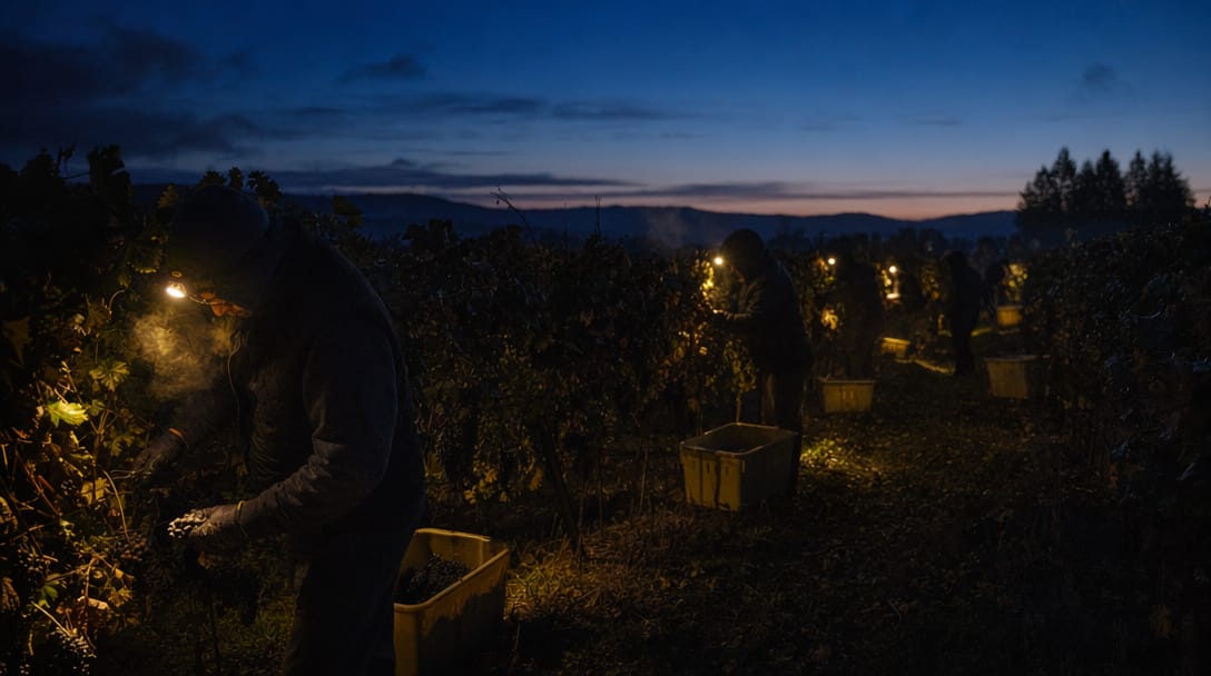 A crew working the vines at harvest