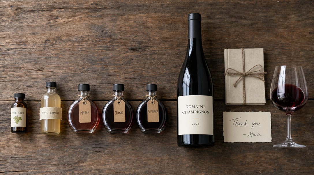 Flat-lay: verijuice, post-ferment sample, barrel samples, finished bottle