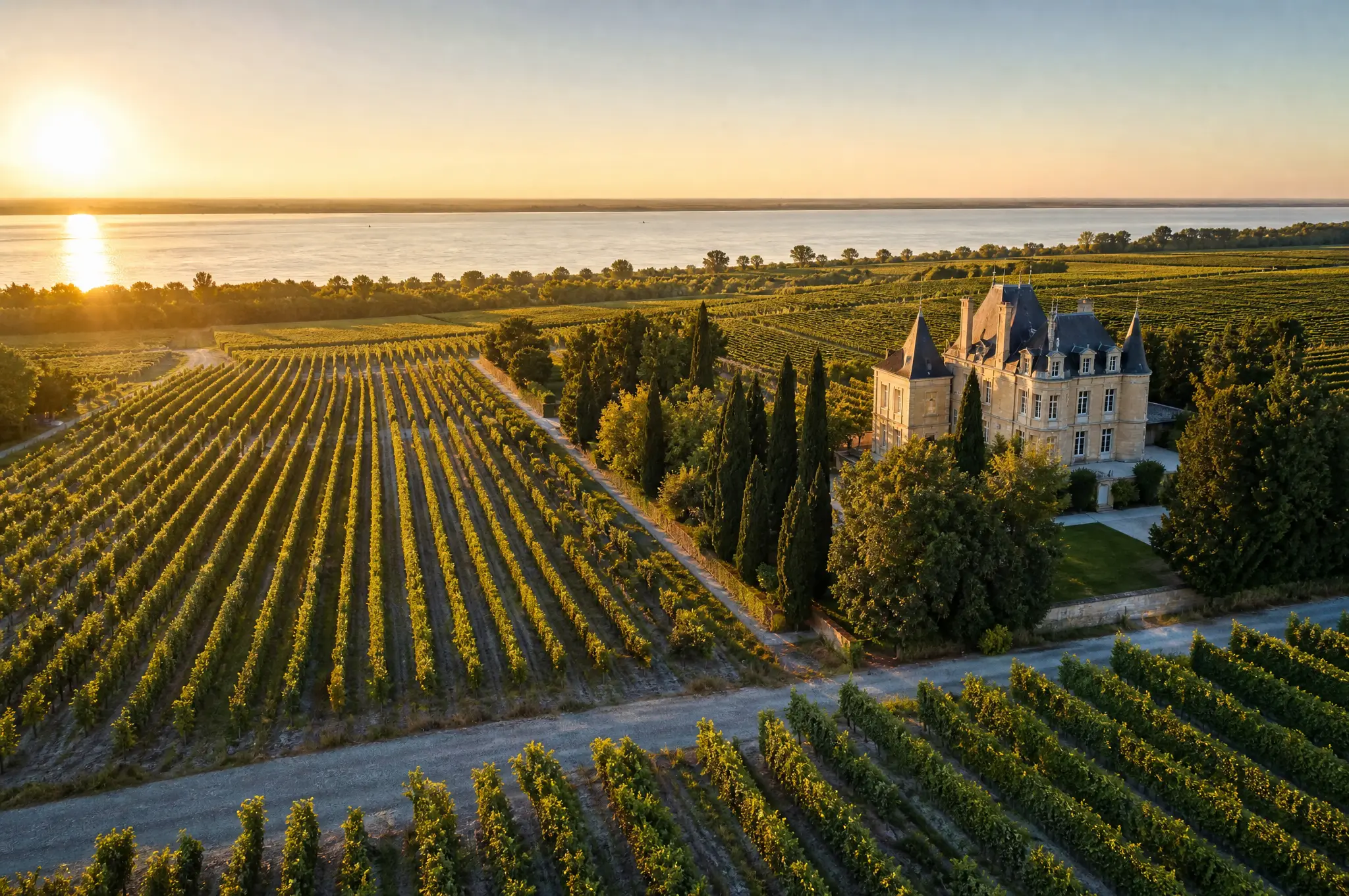 A riverside château among Bordeaux vine rows at sunset
